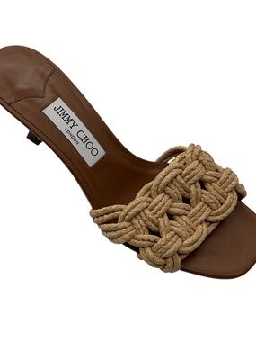 JIMMY CHOO TAN CHARA 70 LEATHER AND CROCHET RAFFIA MULE SANDAL